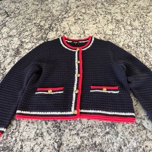 ME + EM nwt navy cardigan blazer with red and white trim and gold buttons L
